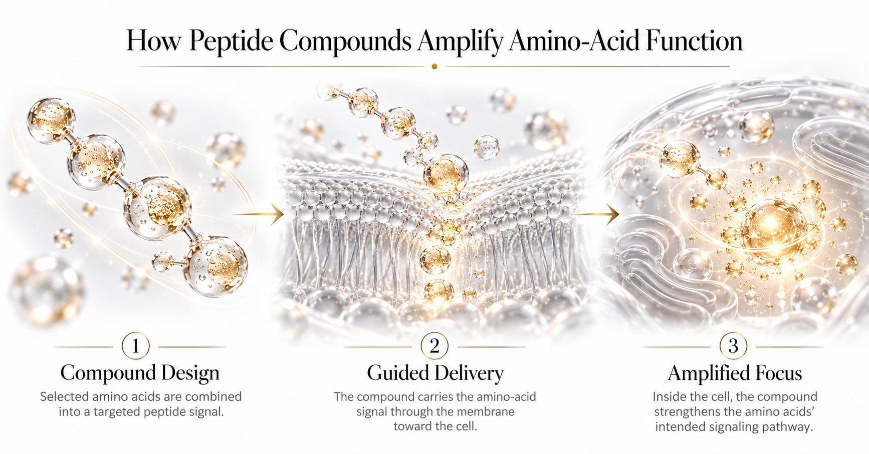 Conceptual peptide illustration: an amino-acid chain, a cell membrane, and signaling inside a cell.